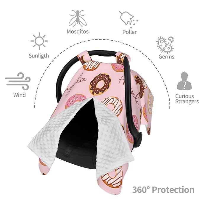 Personalized Baby Car Seat Canopy for Babies with Name, Custom Doughnut Stroller Car Seat Covers for Girls, Minky Nursing Carseat Cover for Breastfeeding, Car Seat Canopies for Newborn