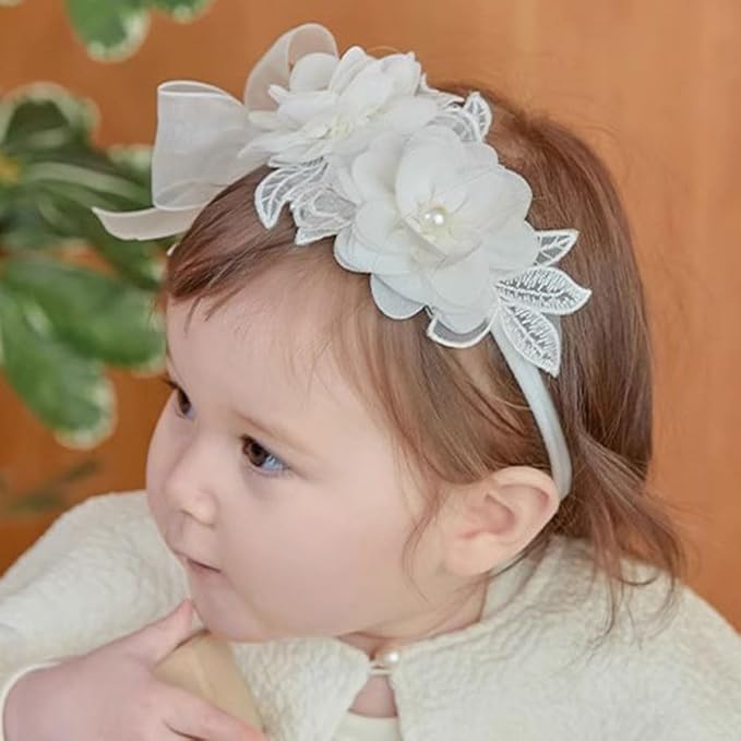 Lace Big Bow Baby Girls Headband Floral Hair Band Toddlers Newborn Infants Christening Baptism Party Hair Accessories for 0-36 Months Elastics Hairband (Style 4)