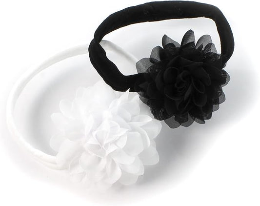 My Lello Baby Girl Rounded Petal Chiffon Flower Nylon Elastic Headbands Set 2pcs - Small - White/Black