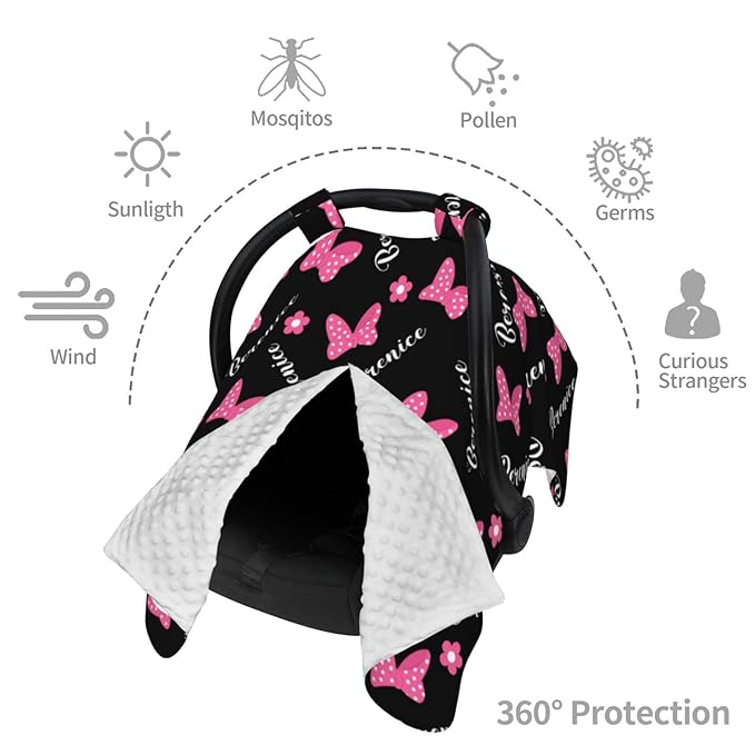 Custom Baby Car Seat Cover with Name – Personalized Pink Bow Nursing Cover, Infant Carseat Canopy, Shopping Cart Cover – Soft, Breathable & Warm – Ideal Shower Gift for Baby Girls