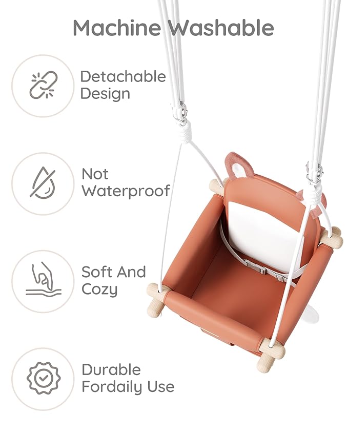 Wooden Baby Swing with Soft Safety Belt, Cozy Infant Swing Seat for Indoor & Outdoor Use, Adjustable Height, Includes Mounting Hardware – Suitable for Babies & Toddlers（Fox-Themed in Red）