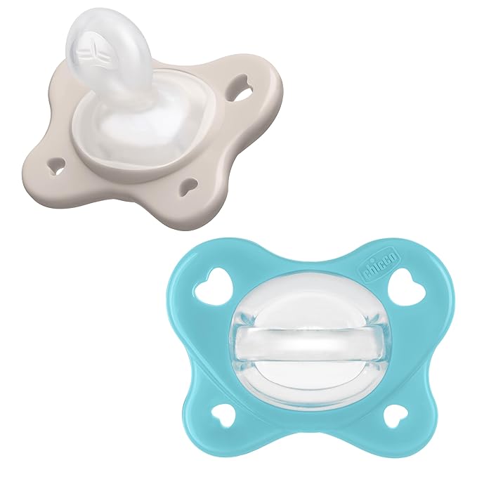 Chicco PhysioForma Dual Soft Orthodontic Pacifier for Babies 6-16 Months, 100% Soft Silicone, Supports Breathing, One-Piece Design, Included Sterilizing Case, BPA Free, 2-Pack, Grey/Ultramarine