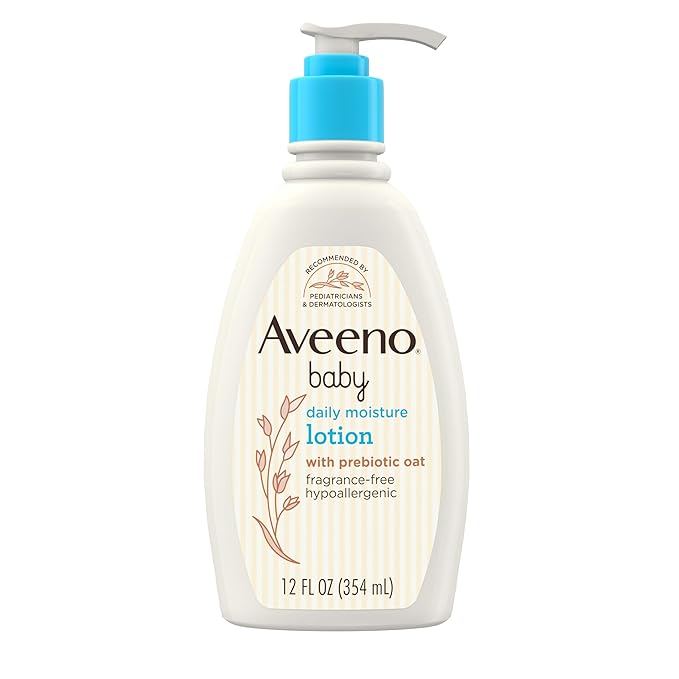 Aveeno Baby Daily Moisture Body Lotion for Sensitive Skin, Hypoallergenic Moisturizing Baby Lotion with Nourishing Oatmeal to Deeply Moisturize Baby's Skin, Fragrance-Free, 12 fl. oz