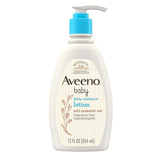 Aveeno Baby Daily Moisture Body Lotion for Sensitive Skin, Hypoallergenic Moisturizing Baby Lotion with Nourishing Oatmeal to Deeply Moisturize Baby's Skin, Fragrance-Free, 12 fl. oz