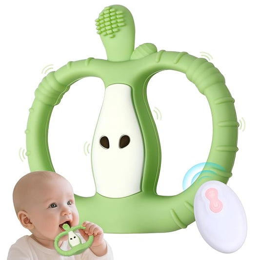 Vibrating Teether for Baby with Remote Control - Chewy Sensory Toy for Teething & Autism, 10-Speed Vibration Modes, USB Rechargeable, Food Grade Silicone Teether for Sensory Seekers (Green)