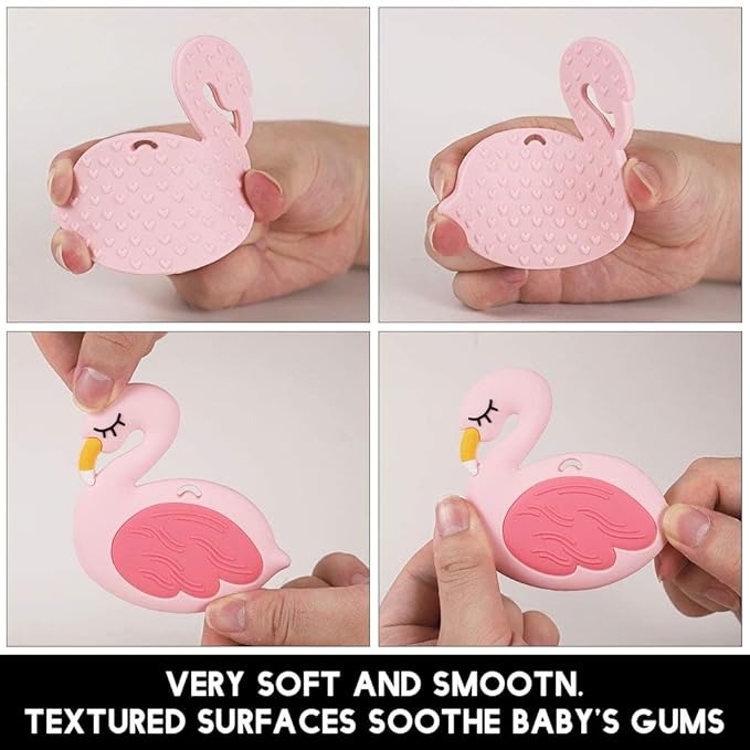 Baby Food Grade Silicone Teether Toy with Pacifier Clip Holder,Teething Pain Relief Toys Gift Set for 3 Months+ Boys and Girls,Freezer Safe,BPA Free (Pink Flamingo)