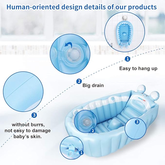 | Inflatable Baby Bathtub,Newborn Bathtub Seat for Infant,Non-Slip Baby Pool for Sitting up,Foldable Toddler Tub Shower,Portable Travel Bath for Kids 0-6 Year (Blue, Animal Print)