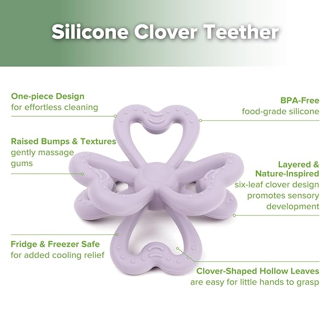 Haakaa Silicone Clover Teether - Food Grade Silicone Teething Toys for Babies 3-6 Months 6-12 Months, Soft & Easy Hold Chew Toy for Infant, BPA Free (Lavender)