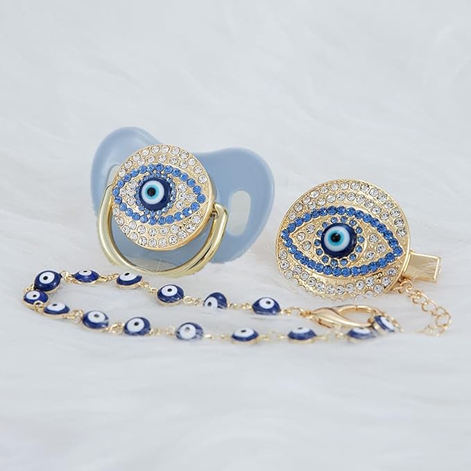 Lovely Evil Eye Gold Silver Pacifier and Clip Set BPA Free Safe Unique Design Luxurious Dummy Ideal Gift for Baby Show New Born