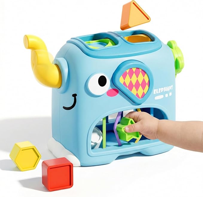 SOCBTNSO Elephant Interactive Shape Sorter Toys for 18 Months+, Montessori Matching & Sorting Toys with 6 Sensory Shape Blocks, Developmental Infant Birthday Gifts for Learning Toddler