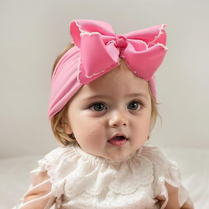 Baby Girl Soft Nylon Bow Elastic Headband Turban Toddler Infant Bow-knot Stretchy Hair Band Birthday Party Hair Bow Ribbon Accessories for Newborn Baby (Bow 1 - Rose pink, Elastic)
