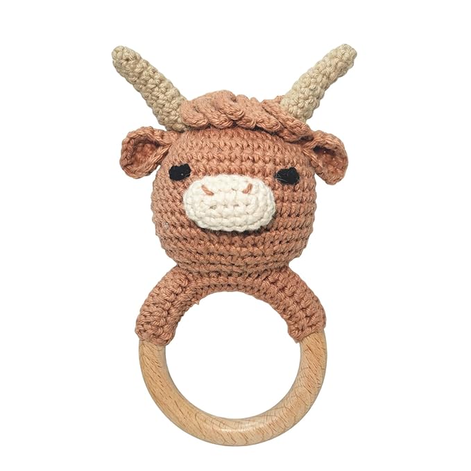 Wooden Baby Rattle for Boys and Girls, Crochet Stuffed Animal for Newborn, 3 4 5 6 Month Toys, Highland Cow