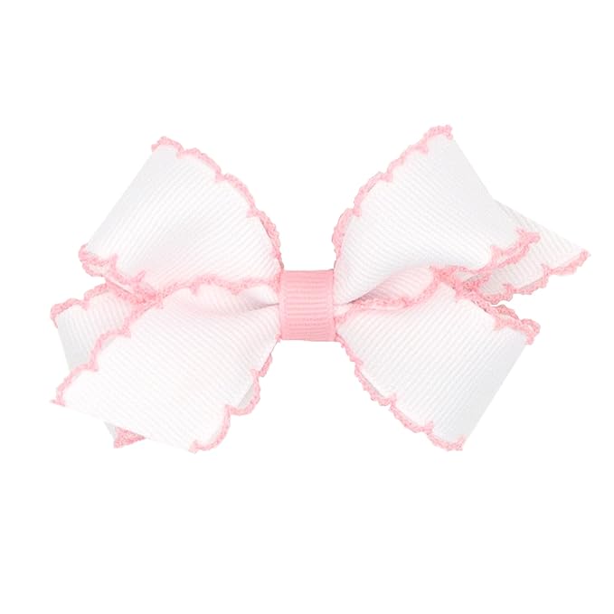 Wee Ones Girls' Classic Grosgrain Moonstitch Edge Hair Bow, No-Slip Hair Clip, Handmade, White with Light Pink, Mini