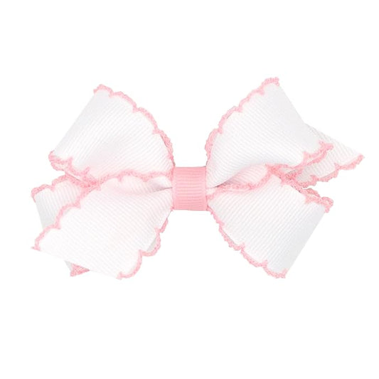 Wee Ones Girls' Classic Grosgrain Moonstitch Edge Hair Bow, No-Slip Hair Clip, Handmade, White with Light Pink, Mini