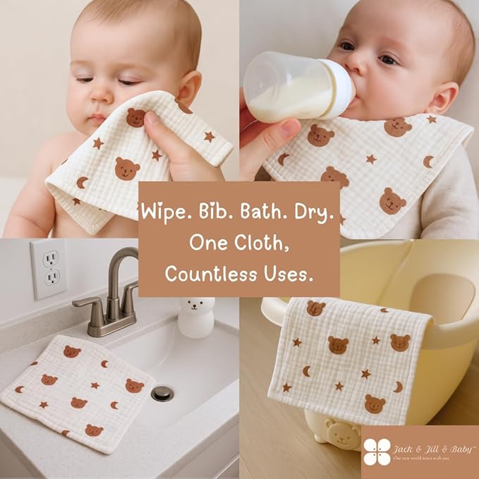 Jack & Jill & Baby Washcloths | 100% Cotton | Ultra-Soft Face Towels for Baby Boys and Girls | Bath Time and Burp Cloth Use | Baby Essentials | Absorbent Cloth Wipes | Pack of 4 (Bunny Bloom)