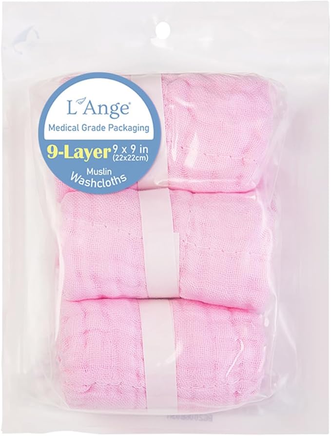 L'Ange Baby Washcloths and Burp Cloths Set - 3 Pack of 9 Layer 100% Cotton Muslin for Sensitive Skin - Super Absorbent - Medical Grade Packaging for Infants Newborns and Toddlers- 9x9 - Pink