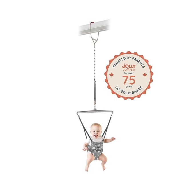 Jolly Jumper Iconic (Grey Safari), Doorway Baby Jumper, Indoor Exercise Saddle Seat, Adjustable Height, for Infants up to 28lbs, Black, No Stand Required