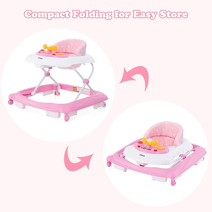 INFANS Foldable Baby Walker, 3 in 1 Toddler Walker Leaning-Seated Walk-Behind with Removable Music Tray, Adjustable Height, Washable Seat Cushion for Boys and Girls (Heart)