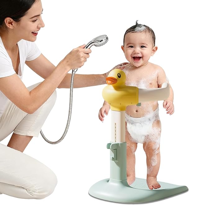 Adjustable Baby Shower Stand with Anti-Slip Base,Bath Shower Standing Support Stand,Portable Bath Helper Bath Support for Infants Portable Bath Helper for Baby 8-24 Months (Yellow-C)