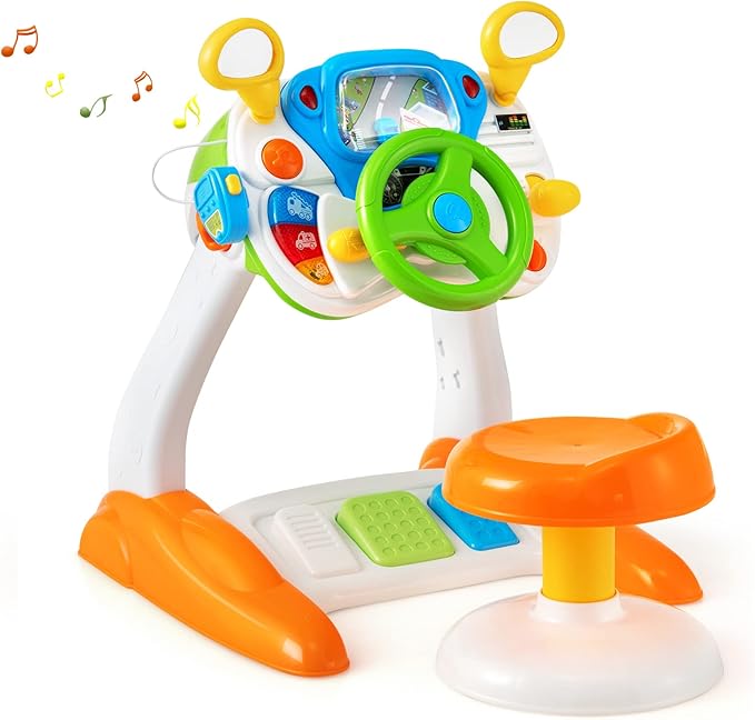 HONEY JOY Steering Wheels Toys for Toddler Boys Girls, Pretend Play Learning Driver Toy Cars for Preschool Baby, Lights & Music, Interphone, Pedal, My First Driving Educational Musical Toy w/Stool