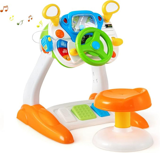 HONEY JOY Steering Wheels Toys for Toddler Boys Girls, Pretend Play Learning Driver Toy Cars for Preschool Baby, Lights & Music, Interphone, Pedal, My First Driving Educational Musical Toy w/Stool