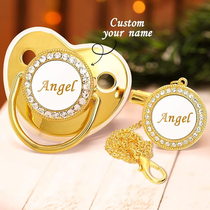 Personalized Pacifier and Pacifier Clip with Name,Bling Pacifier Clip Set with Multiple Patterns Glitter Crystal Luxurious Ideal Gift for Boy Girl Baby Shower Photography Newborns (Gold)