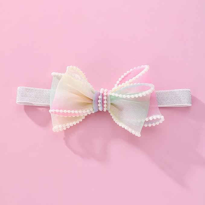 Bow Lace Headband for Baby Girls, Cute Bow Knot Hairband Pearl Elastic Headwrap for Newborn Infant Toddlers (Rainbow)