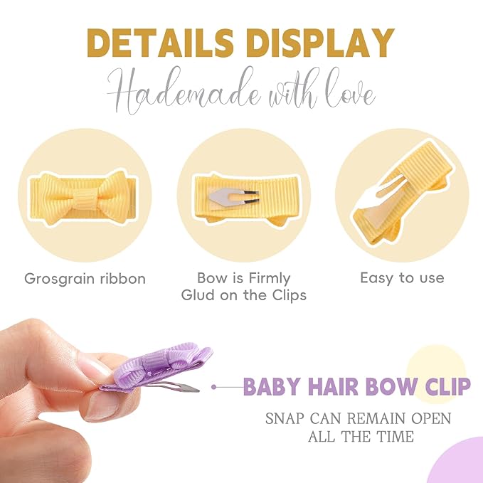 YHXX YLEN 40PCS Mini Snap Clips Grosgrain Ribbon Hair Bows Clips Tiny 1.4 Inch Baby Girl Hair Clips for Baby Toddlers Infants' Fine Thin Hair