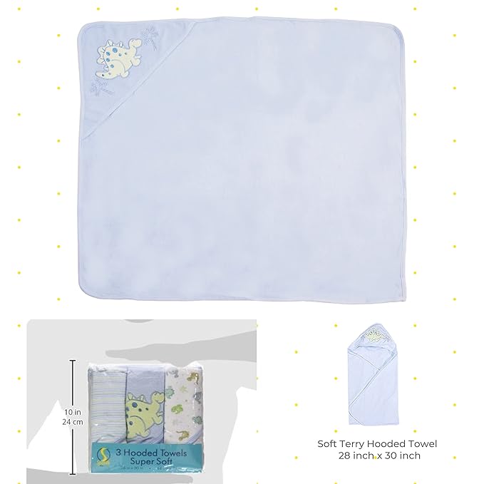 Spasilk 3-Piece Hooded Towel Set for Newborn Boys and Girls, Soft Terry Baby Towels, Baby Essentials, Blue Dino