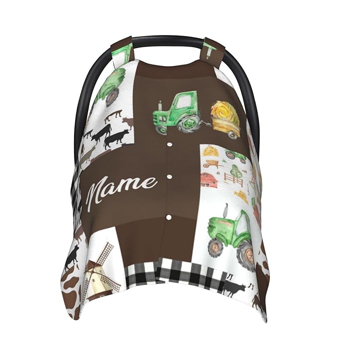Personalized Farm Theme Baby Car Seat Canopy for Babies with Name, Custom Tractors Green Car Seat Covers for Girls Boys, Opening Minky Nursing Breastfeeding Cover Infant Carseat Canopies for Newborn
