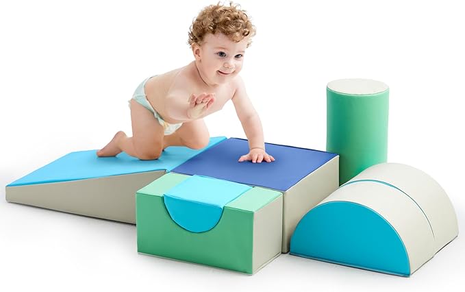 Toddler Climbing Toys Indoor, 5-Piece Foam Baby Climbing Blocks, Soft Play Climbing Set for 1-3 Years Old, Modular Crawling & Sliding Equipment, Waterproof Easy to Clean (Green)