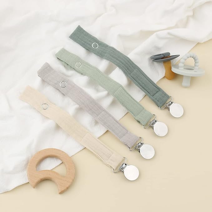Baby Pacifier Clip Leash Holder Unisex for 4 Pack Gift Set with Neutral Solid Colors ;Soft Linen Pacifier Clips ; Fabric Pacifier Strap with Clip Keeps Pacifiers & Teethers in Place