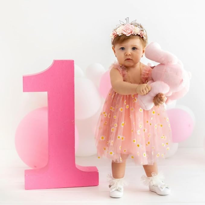 cherrboll Flower Headband Birthday Crown for Girl, Floral Nylon Hairband for 1-3 Years Old Toddler, First 1st Birthday Party Dress Photo Decoration Hair Accessory