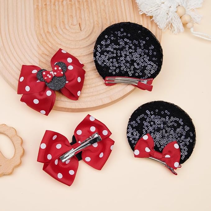 2 Pairs Red Dot Mouse Ears Hair Clips & Mouse Hair Bows Barrettes for baby Girls Accessories Birthday Party Decorations Gift