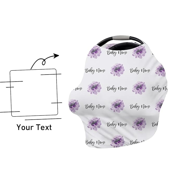 Custom Name Car Seat Canopy - Baby Car Seat Covers, Purple Flower Print Infant Stroller Cover, Carseat Canopy Christmas Birthday Gifts for Girls and Boys(27"x29")