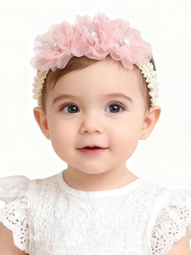 Handmade Baby Girl Headbands in Beige and Pink Lace Flowers for Newborns and Toddlers Cute Baby Girl Flowers and Newborn Headbands (Pink Lace Pearl Flowers, One Size)