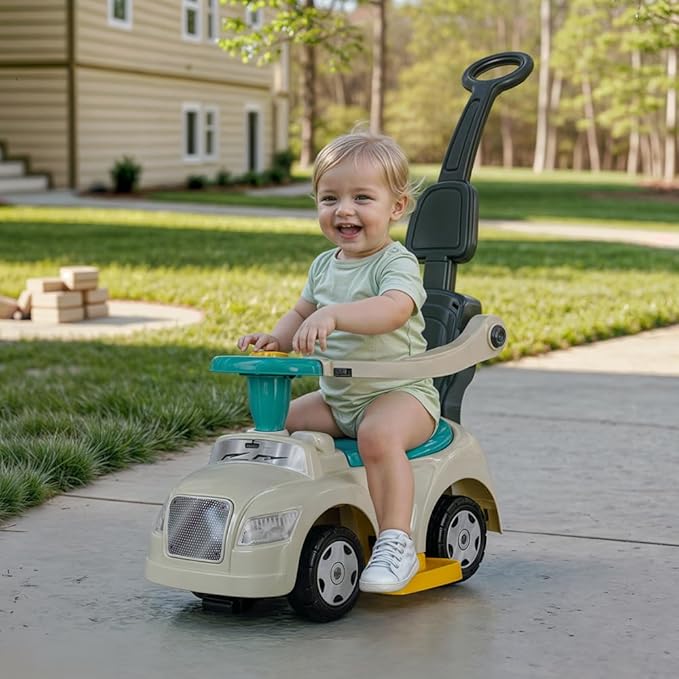 DOLU: Ride-On Car: 3-in-1 Walk & Drive - White, Green, Yellow - 3 Modes: Stroller-Walker-Push Car, Parent Handle, Horn, Baby & Toddler Ages 12 Mo+