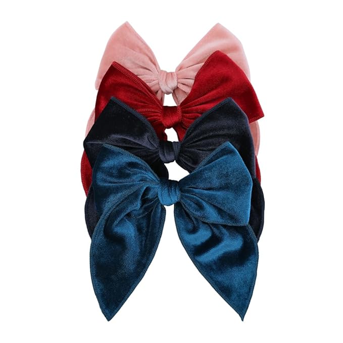 Pack of 4 Large Velvet Fable Bow Hair Clips for Kids Toddler Girl Mom Velvet Hair Bow Alligator Clips Baby Girls Women Hair Accessories (Pink/Navy)