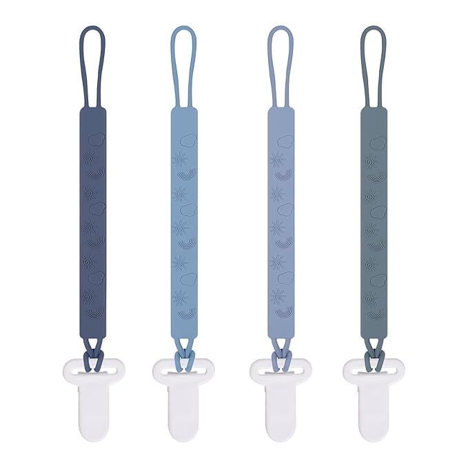 One Piece Design Silicone Pacifier Clip Holder for Baby Boys and Girls,Pack of 4 Flexible Paci Leash,Binky Clips,Newborn Essentials (Sun & Cloud & Rainbow, Gray)