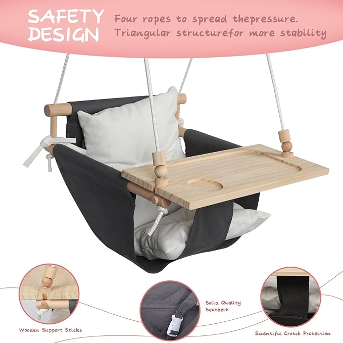 KINSPORY Toddler Swing with Soft Cushion, Safety Buckle & Detachable Tray, Adjustable 57~71'' Canvas Baby Swing, High Back Infant Seat for Children' Room, Backyard, Playground Set (Grey)