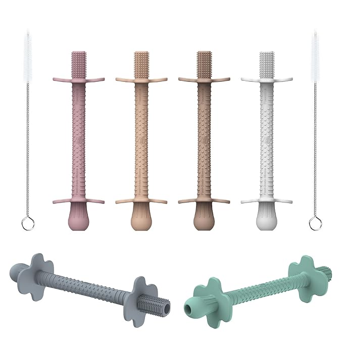 6-Pack Silicone Teething Tubes for Babies 6-12 Months, BPA-Free Non-Choking Teether Sticks Toys, Teething Relief Chew Straws for Infants & Toddlers, Baby Gifts (Sand Clay DustyRose Brown Green Blue)