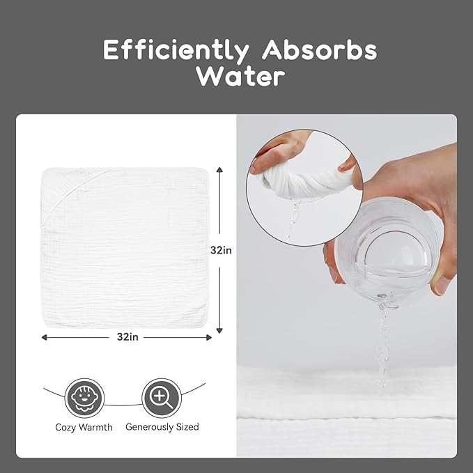 Baby Hooded Towels for Babies and Toddlers, Muslin Baby Bath Towel Soft and Absorbency for Boys and Girls (Pure White 1 Pack)