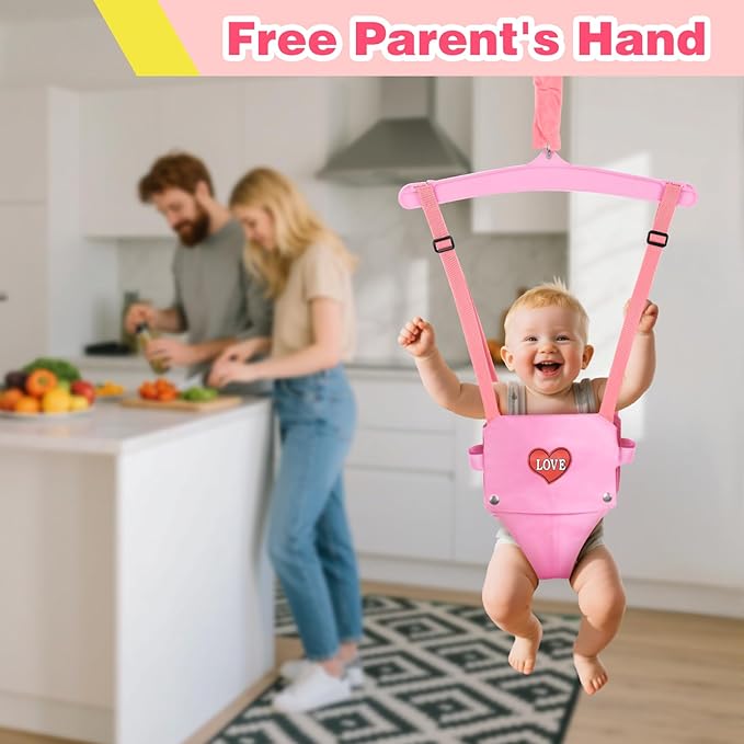 Baby Jumper, Indoor&Outdoor Baby Bouncer, Infant Jumper with Adjustment Strap for Boys Girls, Exercise Saddle Seat for Backyard, Easy to Assemble & Store (Pink)