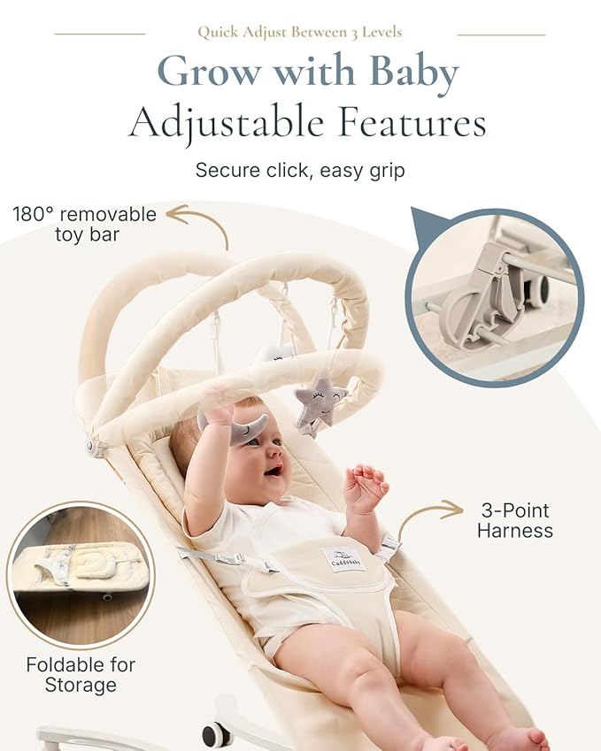 Cuddobaby Baby Bouncer Weelable |100% Cotton, Head Support Cushion| Soft Plushies, 3-Level Adjustable Bouncer Seat for Babies 0-12 Months, Bouncy Chair up to 20Lbs, Baby Shower - Oat