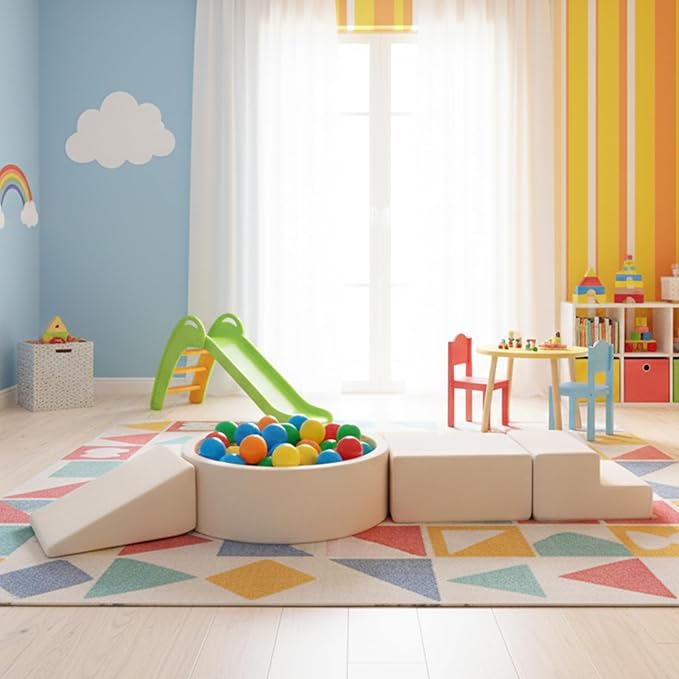Tiita Climbing Toys with Ball Pit for Toddlers, 4-Piece Kids Foam Climbing Blocks for Baby, Activity Soft Climb and Crawl Playset Indoor Playground, Beige (Balls not Included)
