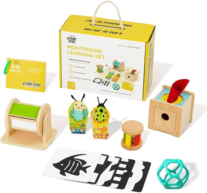 Montessori Toys for Babies 0-6 Months - 6-in-1 Educational Sensory Development Kit with Rolling Bell, Magic Tissue Box, Spinning Drum & More