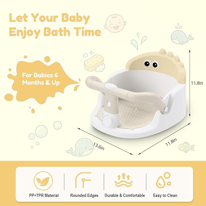 Baby Bath Seat for Babies 6 Months & Up Sitting Up | 360° Stable Toddler Bath Chair with One-Touch Button | Baby Bath Tub Seat with Suction Cups | Open Design, Compact, Detachable, Non-Slip(Yellow)