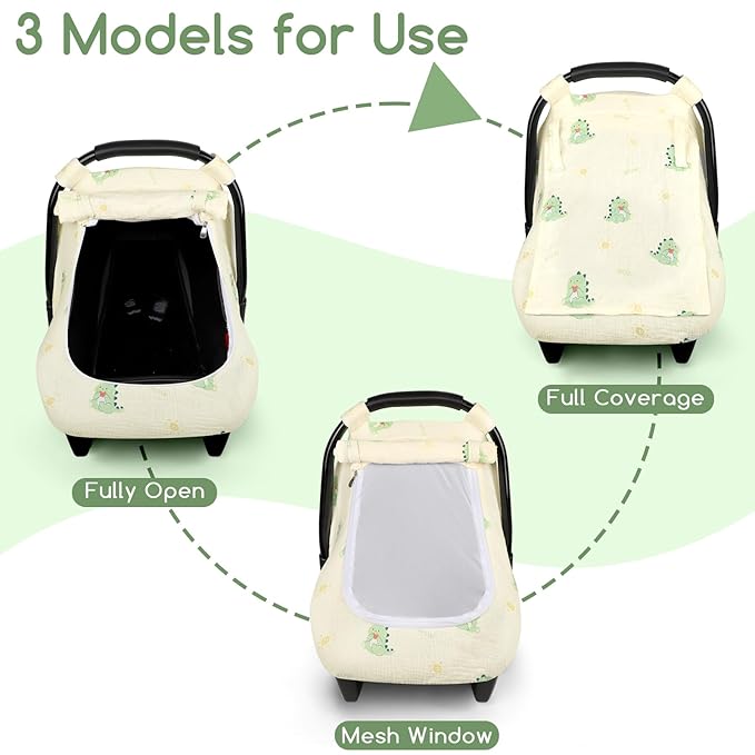 Muslin Baby Car Seat Cover for Boys Girls, Infant Carseat Canopy with Breathable Mesh Peep Window, Summer Lightweight Sunshade Carrier Cover for Newborn, Green Dinosaur