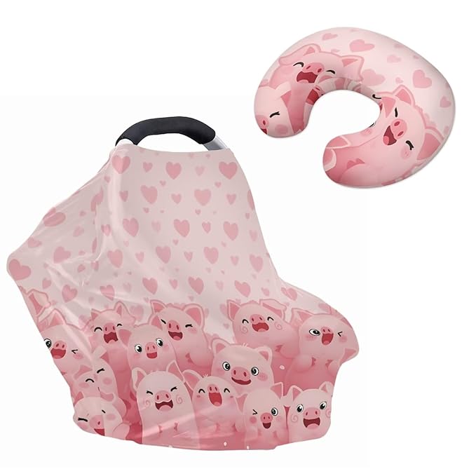 Pink Pigs Baby Car Seat Cover High Stretchy Baby Nursing Pillow Cover 2pcs Baby Essentials Sets Hearts Babies Shower Stuff for Newborn Baby Feeding Essentials