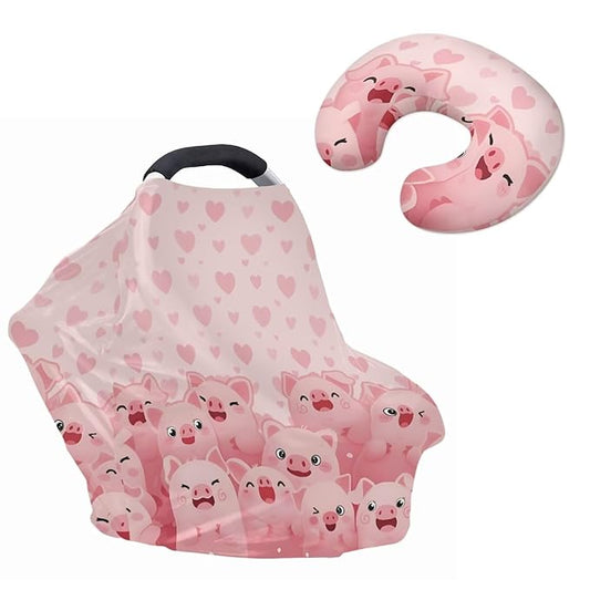 Pink Pigs Baby Car Seat Cover High Stretchy Baby Nursing Pillow Cover 2pcs Baby Essentials Sets Hearts Babies Shower Stuff for Newborn Baby Feeding Essentials